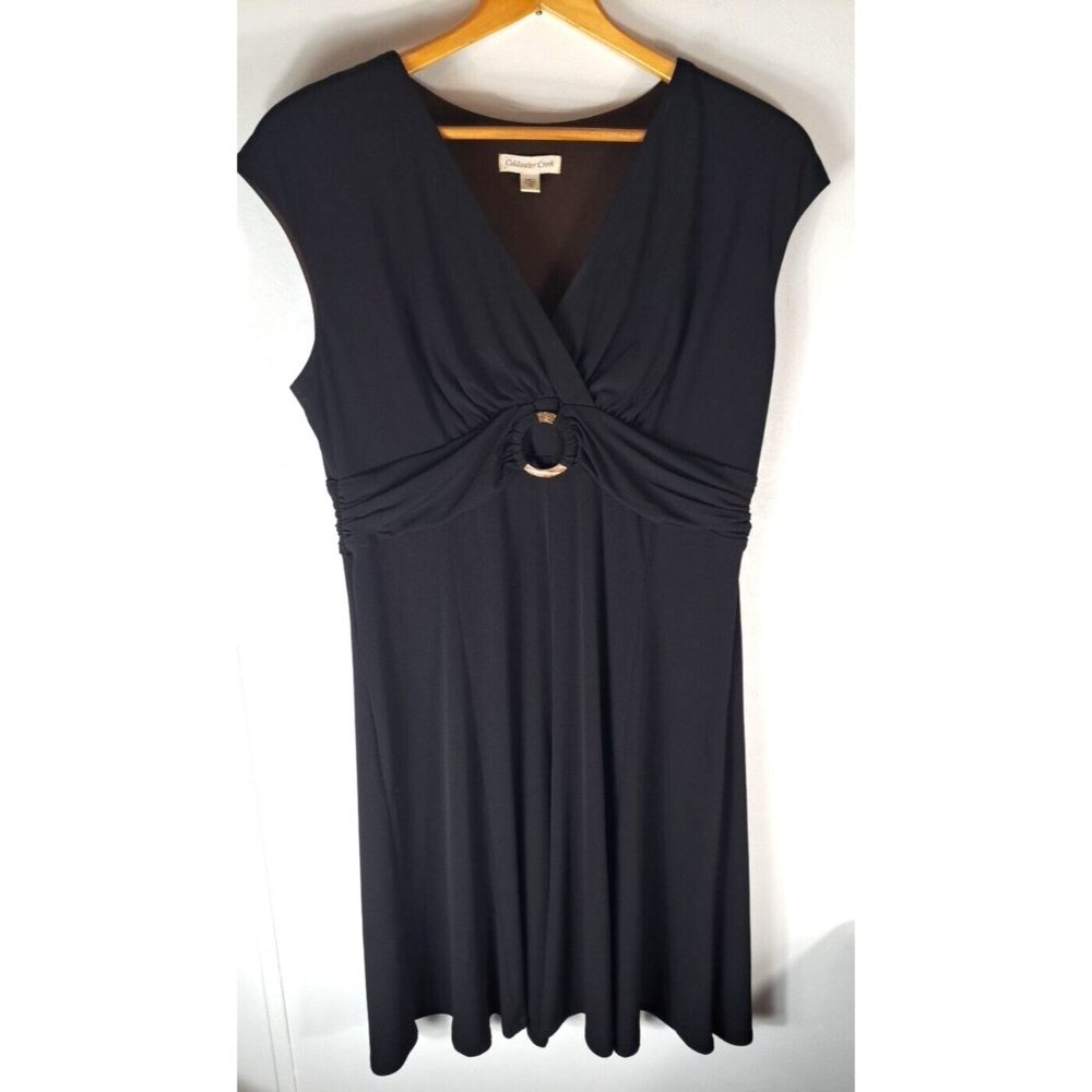 Women's Coldwater Creek Dress Black Stretch Wood Ring V Neck Party Evening 16